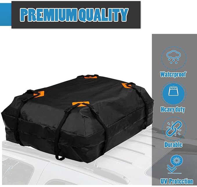 VaygWay 15 Cubic Feet Car Rooftop Cargo Carrier Bag – Black Waterproof Heavy Duty Car Roof Cargo Bag –Perfect for Vehicle with/Without Rack– Universal Car SUV Roof Top Traveling Camping Luggage Bag