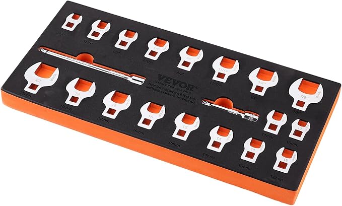 VEVOR Crowfoot Wrench Set, 3/8" Drive 20-Piece Crows Foot Wrench Set with 2 Extension Bars and EVA Tool Organizer,40CR Material with Mirror Chrome Finish, SAE 3/8"-7/8" and Metric 10-22 mm