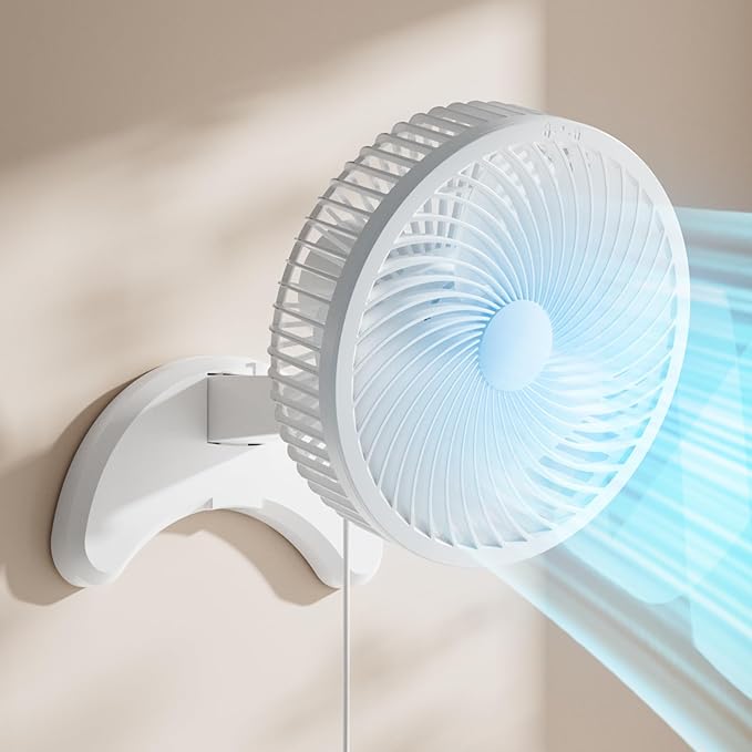 Koonie 8'' Wall Mount Fan, Quiet Small Wall Fan with Timer, 8.2ft Wired Remote, 80° Oscillation, 100° Adjustable, 3 Speeds High Velocity for RV Bedroom Kitchen Office Garage, White