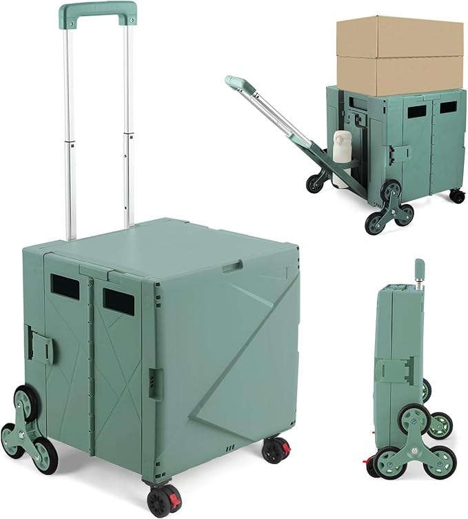 76L Folding Utility Cart Portable Rolling Crate Handcart Shopping Collapsible Tool Box with Stair Climbing Wheels,Hidden Lid,2 Rotate Wheels,for Grocery,Shopping,Office,Storage(Dark Green)