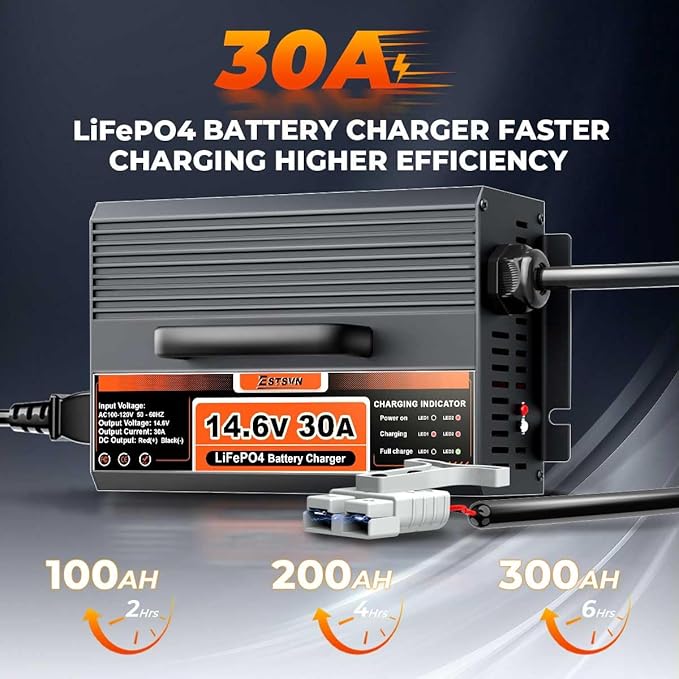 14.6V 30A LiFePO4 Battery Charger 12V LiFePO4 Lithium Battery Charger 30 Amp Fast Charging with Anderson Connector AC-DC for Deep Cycle Rechargeable Batteries of RV Boat Car Marine
