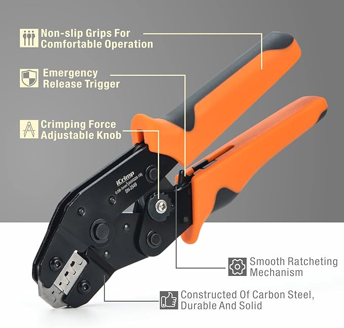 iCrimp SN Ratchet Electrician Crimping Tool set for Insulated and Non-Insulated terminals,Molex, Open Barrel, Dupont connectors, End sleeve ferrules 0.08-6mm ²28-10AWG with Wire Stripper&Cutter