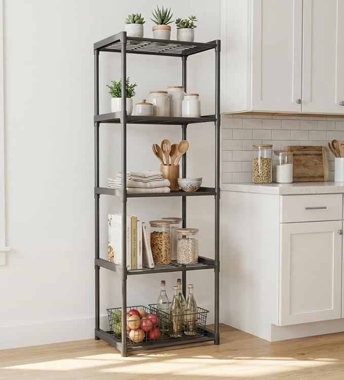 5-Tier Storage Shelves with Plastic Connectors – Metal Shelf Organizer for Pantry, Closet & Bathroom, Space-Saving Sturdy Shelving Unit Rack, Black, 17.3" x 12.8" x 56.7"