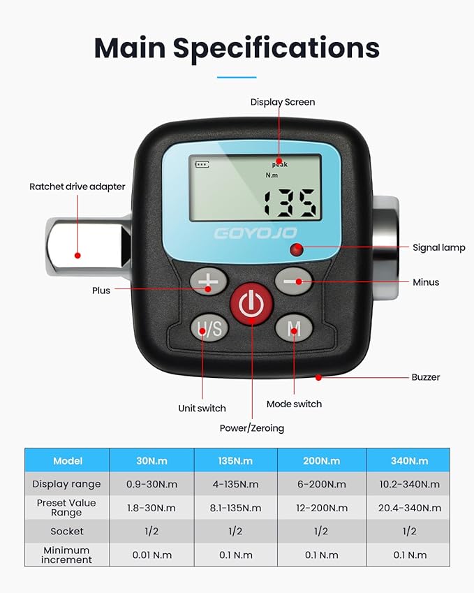 GOYOJO Digital Torque Wrench Adapter, 4-135Nm (2.95-99.6 ft-lb) Electronic Torque Converter with Digital Display, 1/2", 1/4", 3/8" Adapters for Motorcycles, Engine Maintenance, and Versatile DIY Use