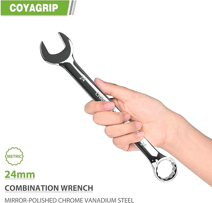 24mm Wrench, Industrial Grade Spanner, Combination Wrenches Metric with 12-Point Box End, 15-Degree Offset, 24mm Wrenches Chrome Vanadium Steel Mirror Polished