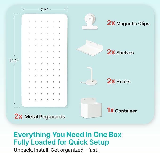 Upgraded Metal Pegboard Wall Organizer Kit – Magnetic, Heavy-Duty Peg Board with Shelves, Hooks & Clips – Wall Mount Storage for Office, Kids, Makeup, Garage & Home, Craft Organizer
