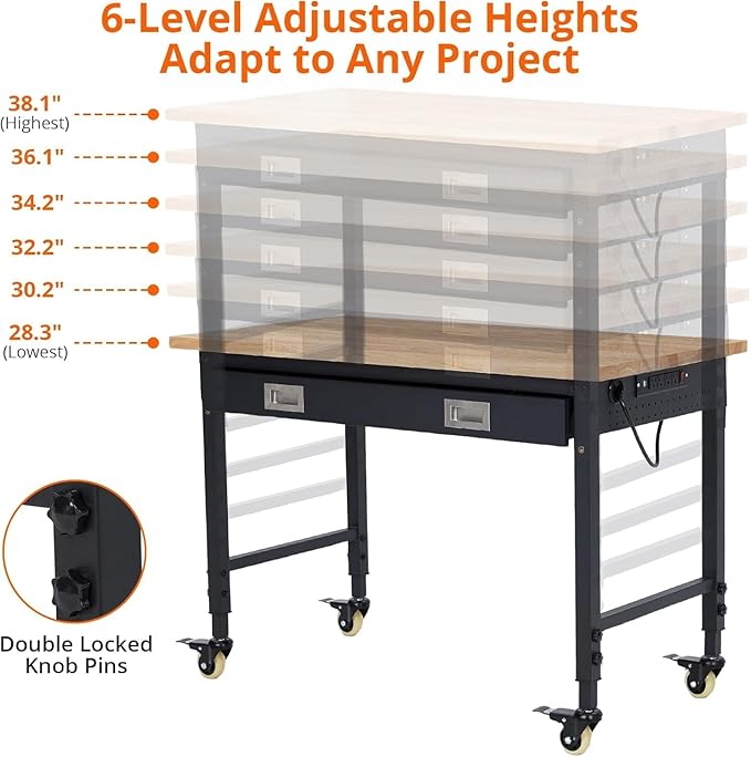 Work Bench 48" Adjustable Height, Heavy-Duty Portable Workbench with Power Outlets and Drawer for Garage & Workshop, 2000 LBS Load Capacity, Work Table for Office, Home, Easy Assembly