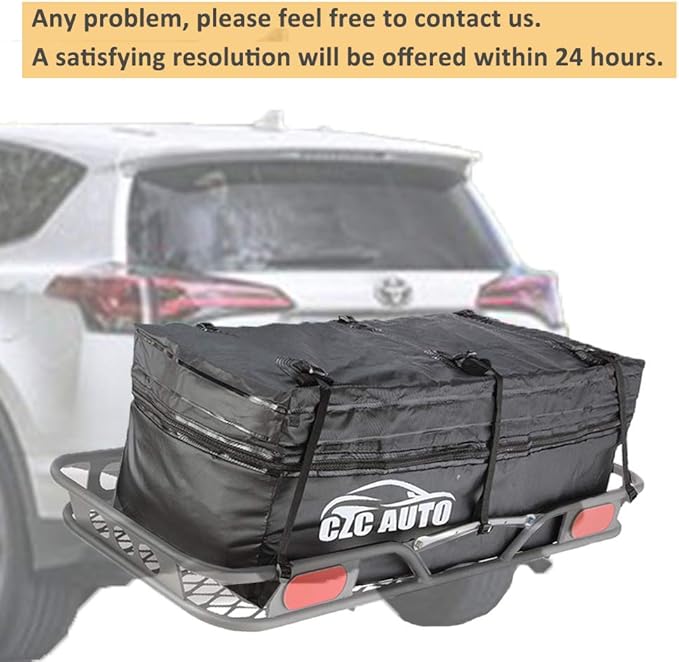 CZC AUTO Expandable Hitch Cargo Carrier Bag 9.5 cu. ft Extends to 11.6 cu. ft, Waterproof/Rainproof/Weatherproof, for Car Truck SUV Vans' Hitch Trays Hitch Baskets, Safe Steady Durable Soft Black