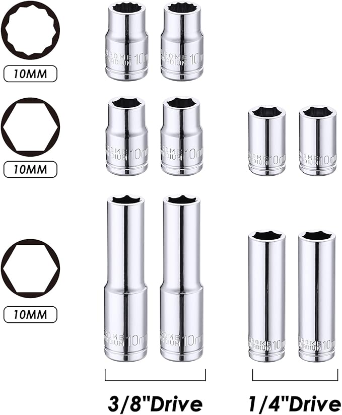 MIXPOWER 10PCS 1/4"& 3/8" Drive 10mm Deep&Shallow Socket, CR-V, Metric, Mirror Finish, 6 Point&12 Point