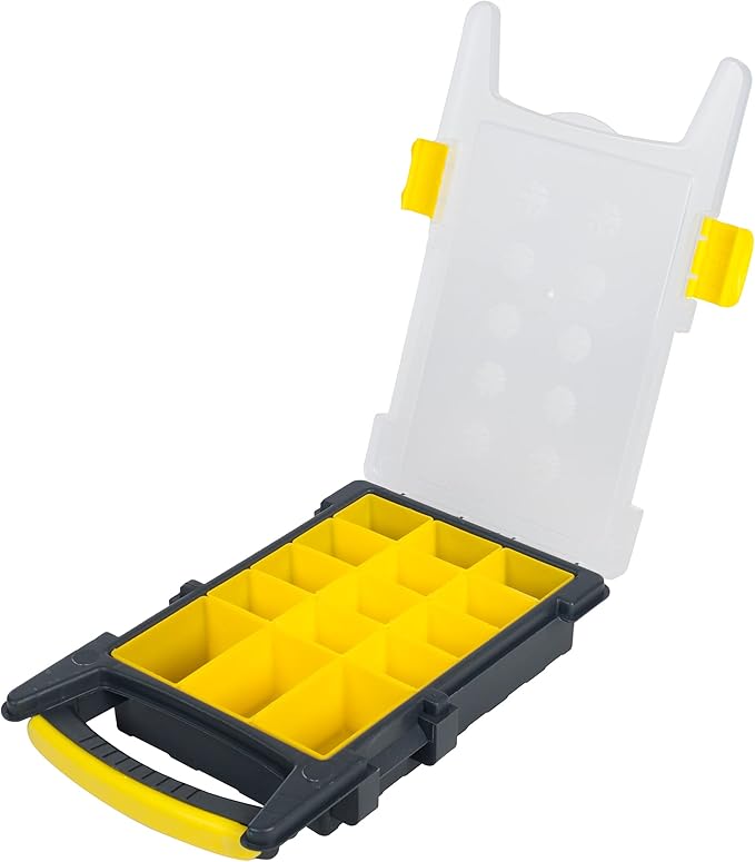 Storage Organizer Tool Box Set - Set of 4 Plastic Clear Top Parts, Craft, and Hardware Organizers with 3 Sized Compartments by Stalwart (Yellow/Black)