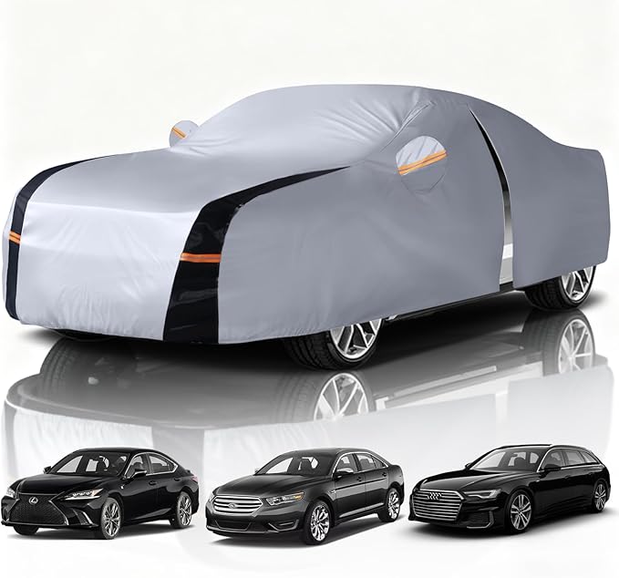 Sedan Car Cover 100% Waterproof All Weather, 10 Layers Outdoor Car Covers for Automobiles - Sun & Rain Protector Full Exterior Covers. Custom Fit Lexus ES, Ford Taurus, Audi A6, Cadillac XTS, etc. A3