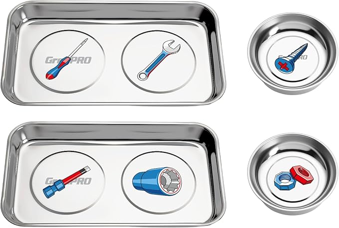 4-Piece Magnetic Tray Set, 2 Large Square & 2 Round Stainless Steel Trays with Strong Magnet for Tool Organization, DIY Stickers Included