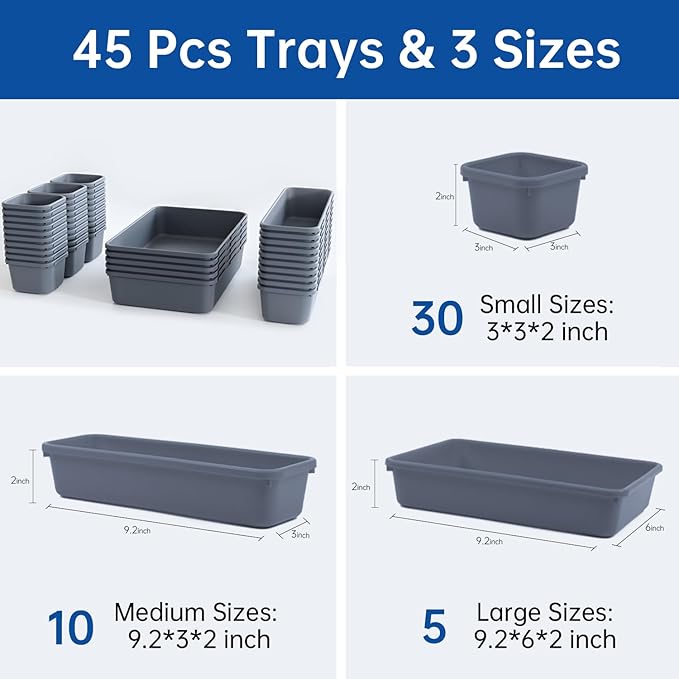 45 Pack Tool Box Organizer Tray, 3-Sizes Tool Box Organizers And Storage, for Hammer, Wrench, Screw, Small Parts Toolbox Organization, Tool Cart Chest Garage Drawer Organizer Tray, Grey