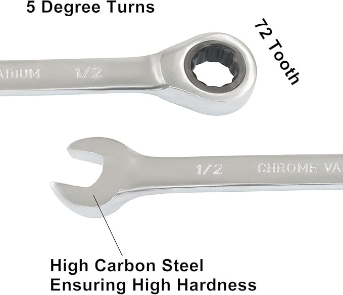 2 Pcs 1/2 Inch Ratchet Wrench Imperial Ratcheting Combination Wrench Set, 12 Point, 72 Teeth for Projects SAE Tight Spaces