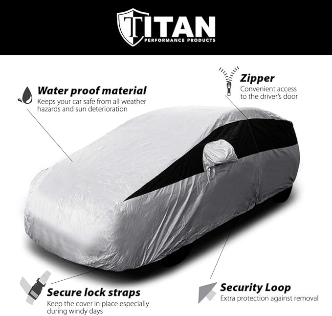 Titan Lightweight Poly 210T Car Cover for Hatchbacks 165-181". Waterproof, UV Protection, Scratch Resistant, Driver-Side Zippered Opening. Fits Prius, Focus, Civic and More.