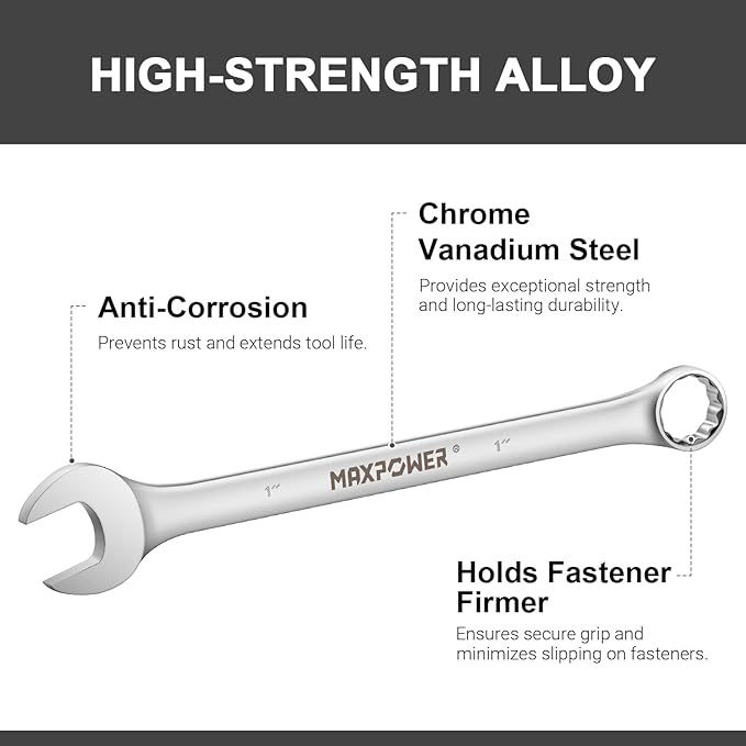 MAXPOWER 1" Combination Wrench, Industrial Grade – 12-Point Box End, Chrome Vanadium Steel, Off-Corner Design, 15° Offset - SAE