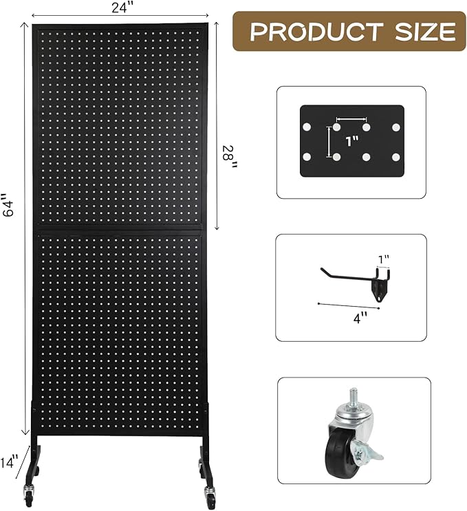 Eastern Tree Metal Pegboard Display Stand 2'x 5'with 30 Hooks, Pegboard Panels Display with Wheels, Peg Board Display Rack, Standing Pegboard Display- Black