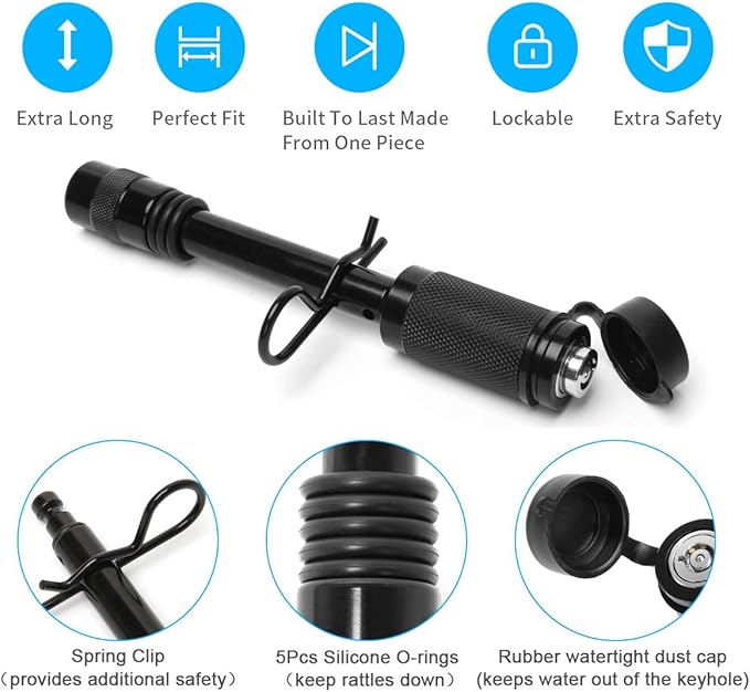 Coolrunner Trailer Hitch Lock Pin Set, 5/8" Extra Long Black Locking Hitch Pin, Heavy Duty Tow Hitch Receiver Lock with Anti-Rattle, Keys, Rubber Cap(5/8" Not Keyed Alike)