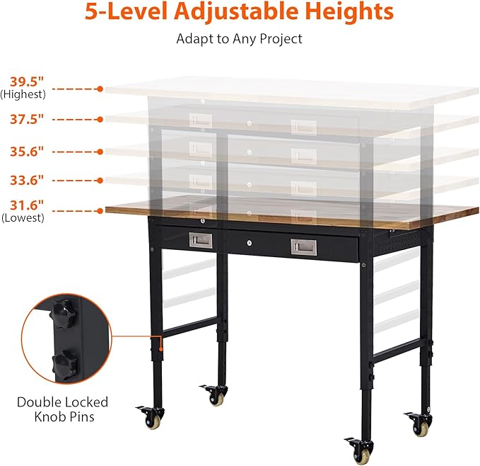 GarveeTech 60" Adjustable Height Workbench, Rubber Wood Tabletop Workbench with Pegboard, Storage Drawers, Rolling Work Table with Wheels, Power Outlet, 2000lbs Capacity, Garage Workbench for Workshop