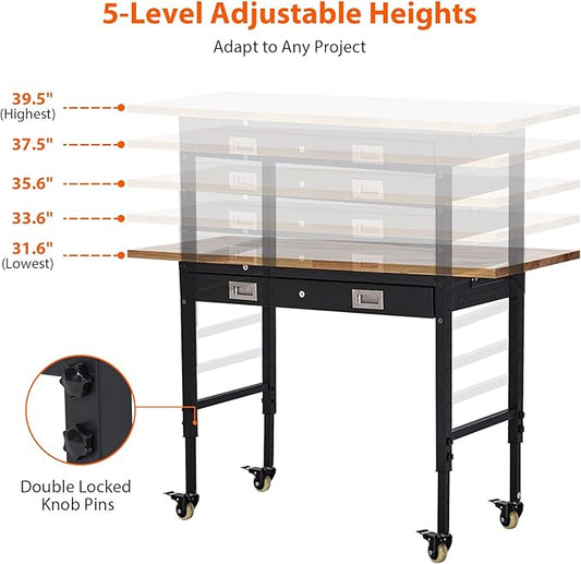 GarveeTech 60" Adjustable Height Workbench, Rubber Wood Tabletop Workbench with Pegboard, Storage Drawers, Rolling Work Table with Wheels, Power Outlet, 2000lbs Capacity, Garage Workbench for Workshop