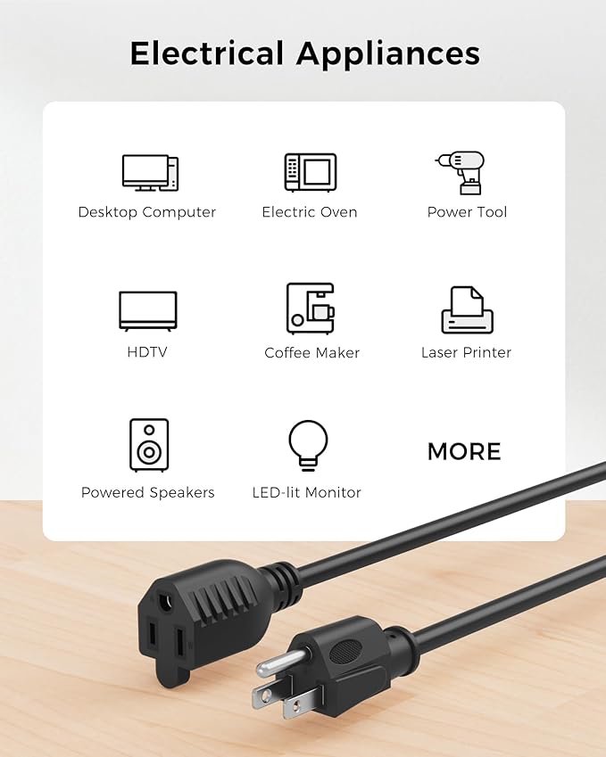 [ETL Listed] Cable Matters 2-Pack 16 AWG Heavy Duty 13A Power Extension Cord - 6ft, 3 Prong Power Cord Extension, NEMA 5-15P to NEMA 5-15R, Black