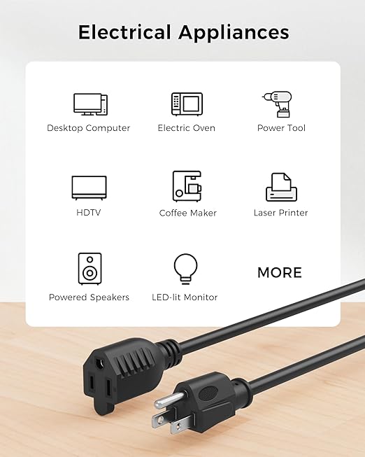 [ETL Listed] Cable Matters 6-Pack 16 AWG Heavy Duty 13A Short Power Extension Cord - 1ft, 3 Prong Power Cord Extension, NEMA 5-15P to NEMA 5-15R, Black