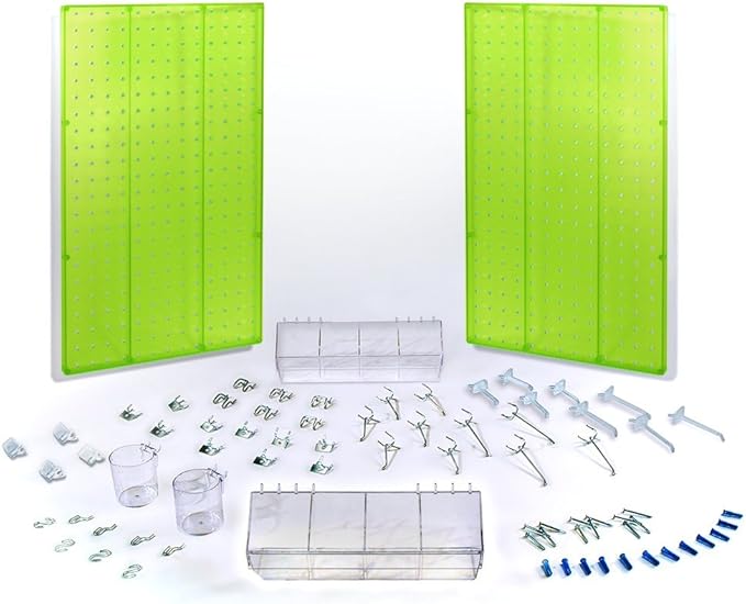 Azar Displays 900945-GRE The DIY Multi-purpose 70-piece Pegboard Wall Organizer Kit with Two Panels and Accessory Assortment, Panel Sizes: 13.5” W x 22” H each, Green