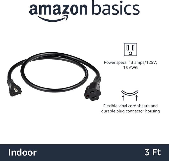 Amazon Basics 3-Prong Extension Cord for Indoor Use, 13 Amps, 125V, 3 Foot, Black, 2-Pack