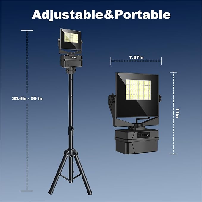 Rechargeable 10000mAh Work Light with Stand 5 ft Max Height, Cordless Work Light Dimmable 10000 Lumens Tripod Work Light Construction Essentials Gear Emergency floodlight with Detachable Tripod