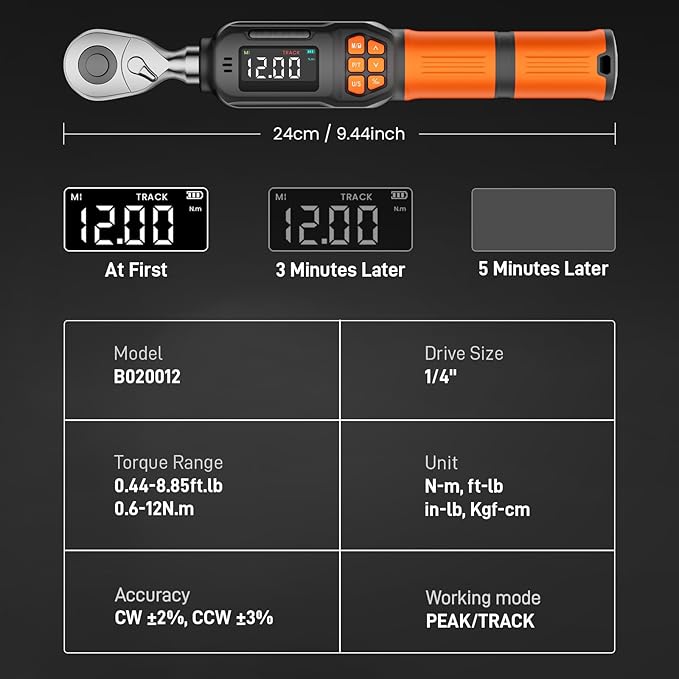 Digital Torque Wrench 0.44-8.8 Ft.lb/0.6-12 Nm, 1/4" Drive In lb Torque Wrench Set with Buzzer & LCD Indicator Electronic Rachet Torque Wrench for Bike Motor Car Auto Repair