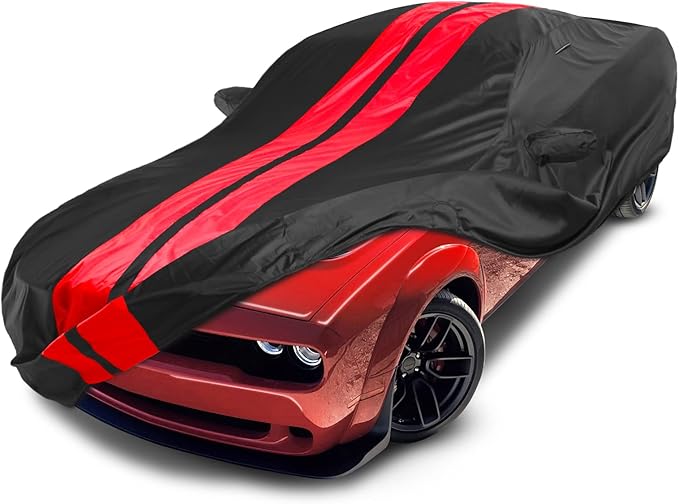 iCarCover Custom Car Cover Compatible with 2008-2023 Dodge Challenger, Waterproof All-Weather Rain Snow UV Sun Protector Full Exterior Indoor Outdoor Car Covers, Stripe (Black/Red)
