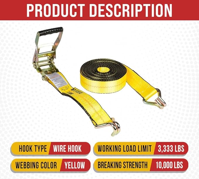 Mytee Products Ratchet Tie-Down Straps with Wire Hook, 2" x 30' Yellow Ratchet Strap | 10,000 Lbs Breaking Strength | Heavy Duty TieDown Ratchet Straps for Flatbed, Truck, Trailers Pickup