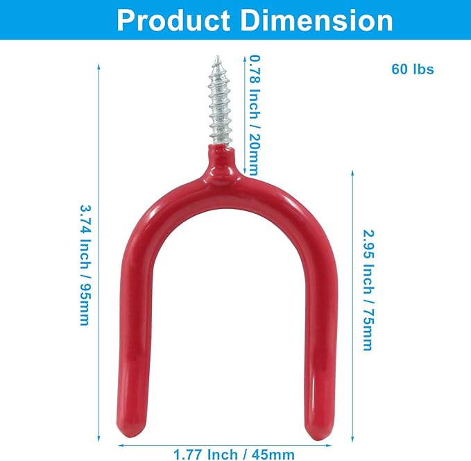12 Pack Screw in U Hooks, Red U Shaped Shovel Holder Wall Mount, U Hook Screw for Hanging Garage, Garden, Yard Tools