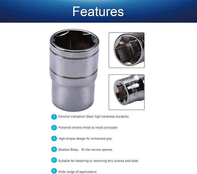 Utoolmart 1/2-Inch Drive 19mm 6-Point Shallow Socket, Metric, Cr-V Chrome-vanadium