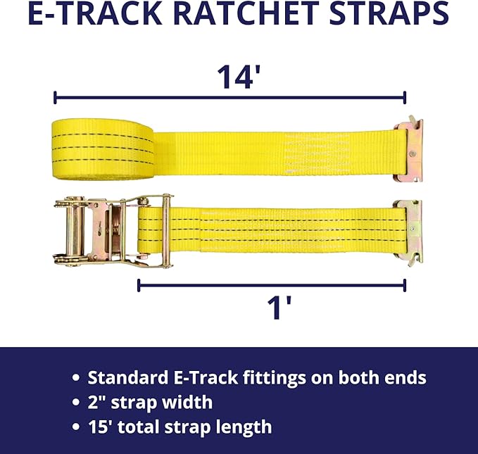 E-Track Ratchet Tie Down Straps, 2 in x 15 ft, 4,400 lb Breaking Strength, 4-Pack