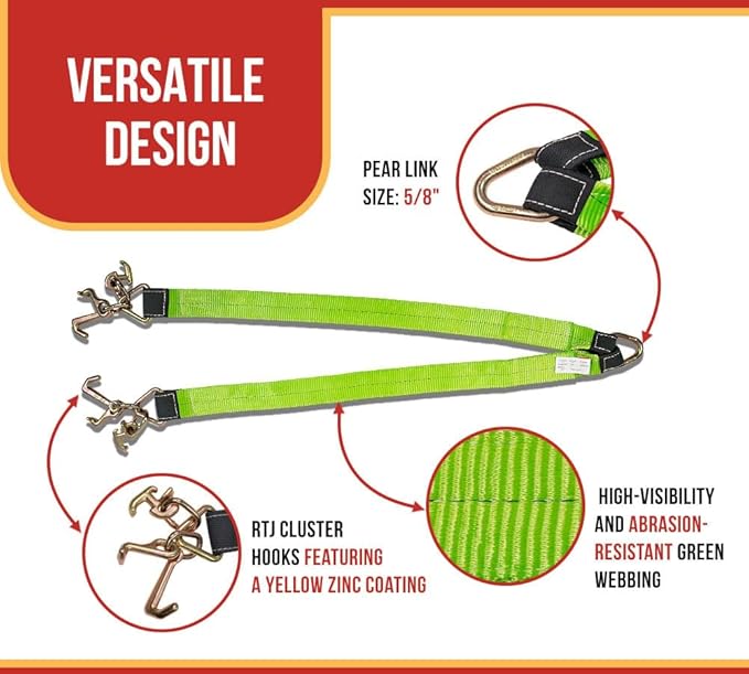 Mytee Products Tow Straps V Bridle 3" x 48" w/RTJ Clusters, Hi VIZ/HI Abrasion Green Webbing, 5400 lbs WLL | Recovery V Strap w/Reinforced Webbing for Towing, Wrecker, Rollback, Car Hauler