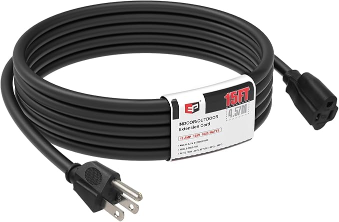 EP 15FT Black Outdoor Extension Cord, 16/3 SJTW Heavy Duty Waterproof, 3 Prong Grounded Plug, 13A 1625W 16AWG, Cold-Resistant Flexible Power Cable for Garden, Home, Christmas Lights