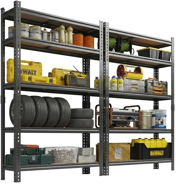5-Tier Heavy Duty Adjustable Metal Storage Unit, 72" h x 35.5" w x 12" d, for Garage, Basement, Warehouse, Pantry, Closet, Kitchen, Black，2 Pack