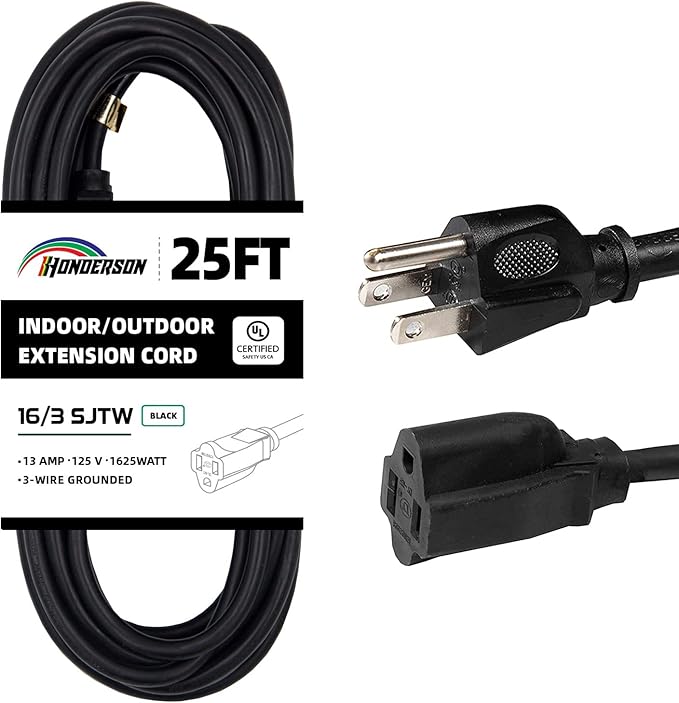 25FT Outdoor Extension Cord-16/3 SJTW Durable Black Extension Cable with 3 Prong Grounded Plug for Safety,Great for Outside Christmas Decorations