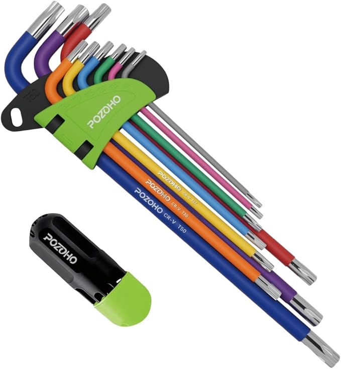 10-Piece Extra-Long Arm Torx(T10-T50) Hex Key Set | Color-Coded Ball End Allen Wrench with Torque Handle | Cr-V Steel, Anti-Rust for Motorcycle, Bike, Car & DIY, PTM01010C