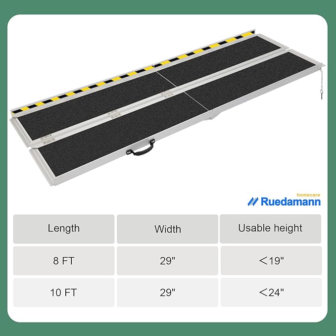 Ruedamann 8FT Wheelchair Ramp, 600Lbs Capacity, Non-Slip Threshold Ramp, Portable Aluminum Folding Handicap Ramp, Wider Design, Mobility Ramp for Home, Wheelchairs, Steps, Stairs, Doorways, Curbs