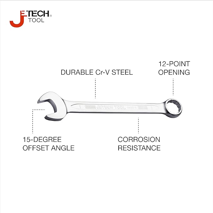 Jetech 1 Inch Combination Wrench - Industrial Grade Spanner with 12-Point Design, 15-Degree Offset, Made with Durable Chrome Vanadium Steel in Sand Blasted Finish, Forged, Heat-Treated, SAE