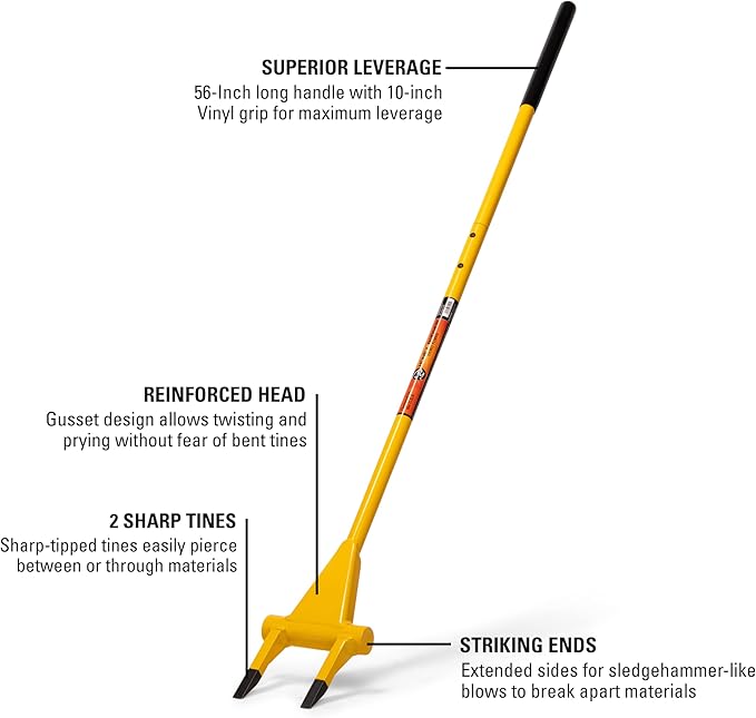 Honey Badger Demolition Fork, 56-inch 2-tine Wrecking Pry Bar, Multipurpose Tool for Flooring, Siding, Trim, Drywall, Roofing, and Decking