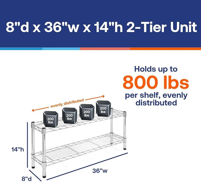 Shelving Inc. 8" d x 36" w Chrome Wire Shelving with 2 Tier Shelves, Weight Capacity 800lbs Per Shelf