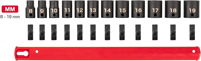 TEKTON 3/8 Inch Drive Shallow 6-Point Impact Socket Set with Rail, 12-Piece (8-19 mm) | SID91102