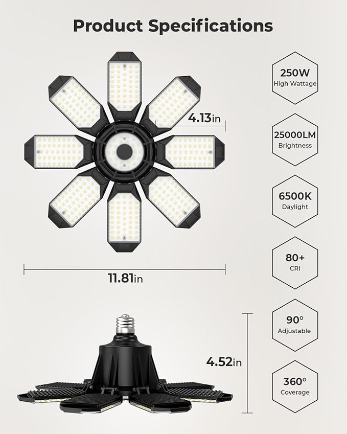 LED Garage Light, Ultra Bright 25000LM Shop Light with 8 Foldable Panels, 6500K LED Light for Garage, Workshop, Utility Room