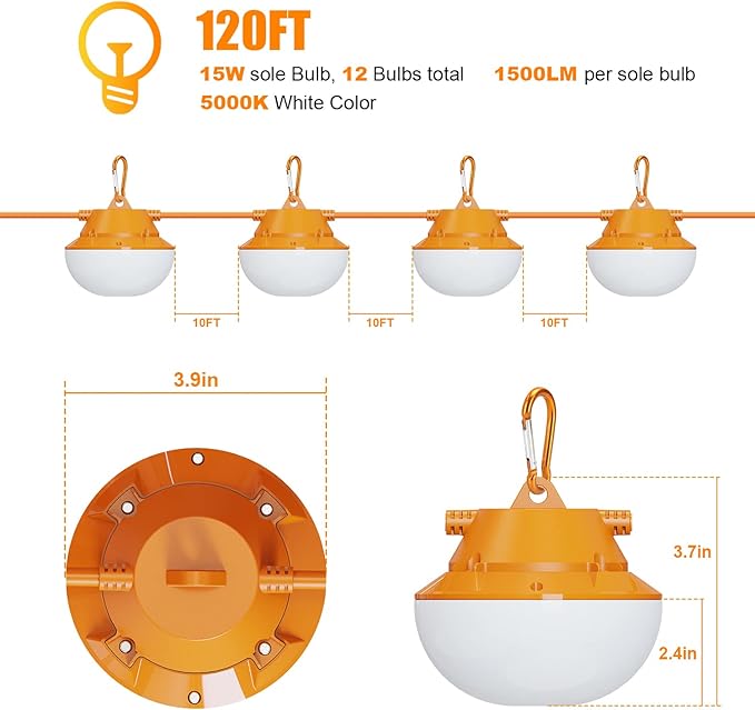 RIUVAO 120FT Construction String Lights 180W String Work Light for Construction Jobsites, 18000Lumen Temporary Construction Work Lighting for Wide Application