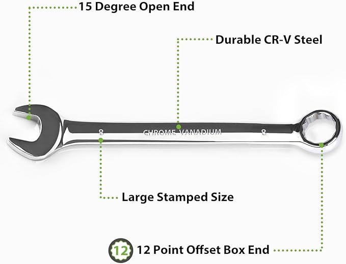 8mm Wrench, Industrial Grade Spanner, Combination Wrenches Metric with 12-Point Box End, 15-Degree Offset, 8mm Wrenches Chrome Vanadium Steel Mirror Polished
