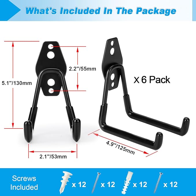 6 Pack Garage Hooks Heavy Duty, 4.9 inch Utility Steel Garage Hanger & Organizer for Organizing Garden Lawn Tools, Ladders, Garden Hose, Digging Shovel, Bikes, Ropes