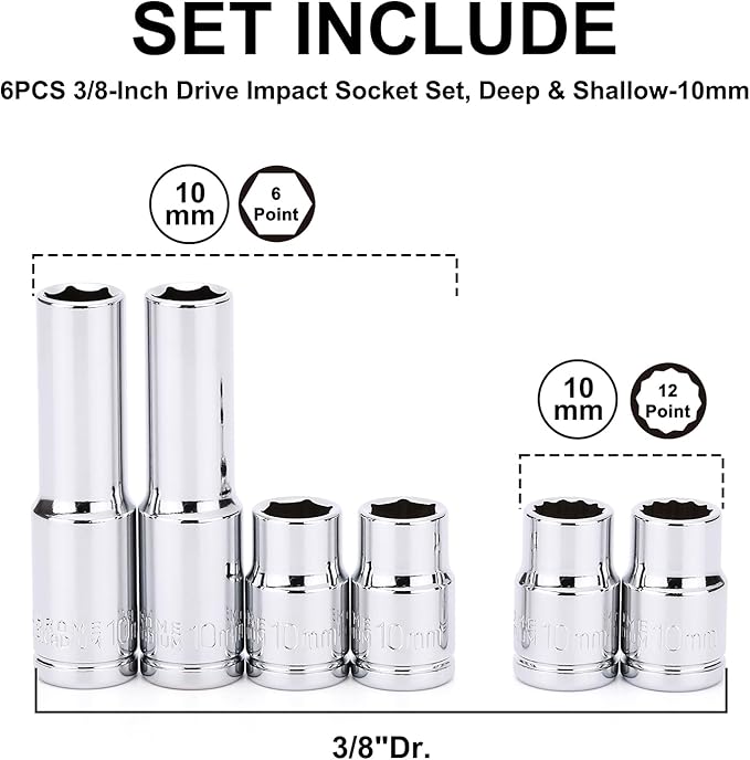 CASOMAN 6 Pieces 3/8-Inch Drive Impact Socket Set, Deep & Shallow, 10mm, Metric, 6 Point & 12 Point Desgin, Mirror Chrome Finish